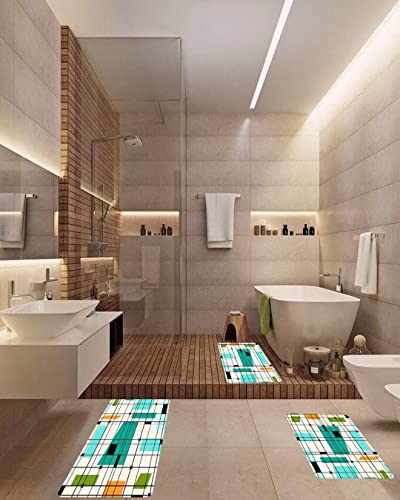 Mid Century Modern Kitchen Rug Sets 3 Piece Midcentury Retro Grid And Starbursts Orange Geometric Cushioned Floor Mats Washable Doormat Anti Fatigue Non-Slip Kitchen Runner Rugs Bedroom Area Carpet #TOP3