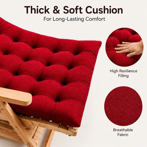 Image of KYNE Rocking Chair Cushion 18 x 50 Inch Thick Tufted Chair Cushion with Backrest and Seat Pad Soft Premium Fabric Polyester Filling Non Slip Indoor Outdoor Rocking Chair Replacement Cushion (Red)