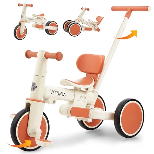 VITONIS Tricycle bébé évolutif 5 en 1, Vélos pour Enfants de 1 à 5 Ans avec Barre de poussée pour Les Enfants，Cadeaux et Jouets pour garçons et Filles (Beige)