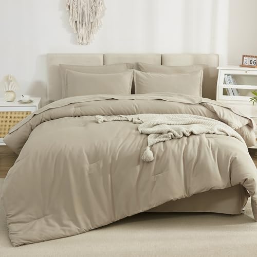 Litanika Comforter Queen Size Set Khaki - 7 Pieces Bed in a Bag Queen Bedding Comforter Sets, Plain Lightweight Bed Set with Comforter, Sheets, Pillowcases & Shams