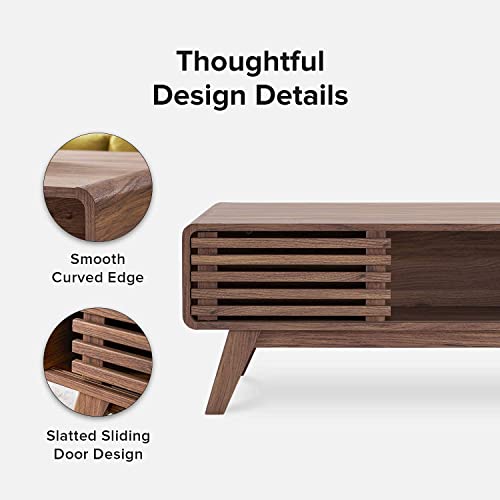 mopio Ensley Coffee Table, Mid Century Modern Table with Storage, Farmhouse Wood Coffee Table for Living Room Fluted (Walnut) - Image 5