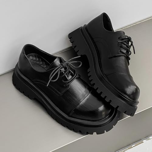 Men's Leather Platform Chunky Heel Classic Round Toe Lace - up Lug Sole Soft Sole Business Formal Dress Elevator Derby Shoes3