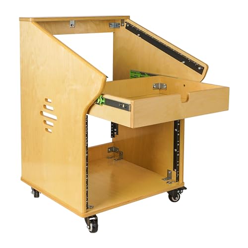Sound Town DIY Solid Baltic Birch Plywood Studio Rack with 11U Slant Mixer Top, 8U Front, 2U Drawer, Rubber Feet, Casters, Golden Oak (SDRK-M11X8)