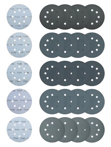 125mm Dischi Abrasivi, 40 pezzi Carta Vetrata al Carburo di Silicio, 8 x 1200/1500/2000/2500/3000 Graniglie, per Levigatrici Orbitali(8 Fori)