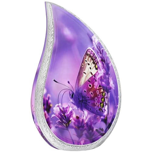 NANIURN Cremation Urn for Ashes for Women & Men Teardrop Urns for Human Ashes Adult Female & Male Funeral Urns With Butterflies Tear Drop Decorative Lavender & Flower Purple Butterfly Urn - Large