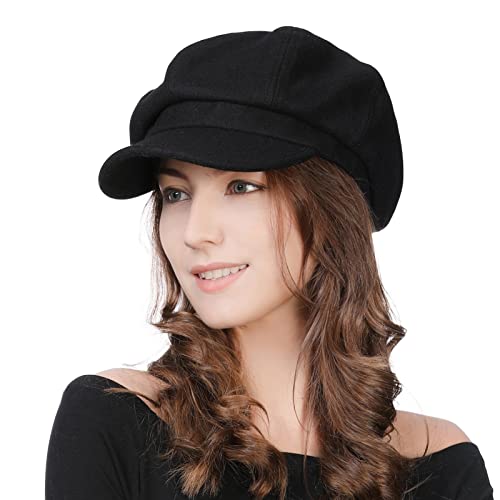 Comhats Damen Ballonmütze warme Schirmmütze Wintermütze Wolle Barett Maler Mütze mit Visor Newsboy Cap 67145_Schwarz M