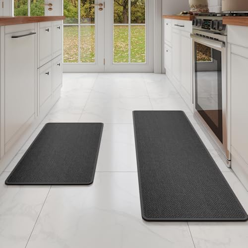 YDKGL Kitchen mats for Floor Water and Oil Absorbent Runner Rugs for Kitchen, Kitchen Mat in Front of Sink,Non-Slip Kitchen Rugs,Durable Imitation Linen Kitchen Rug Black 17x30+17x47