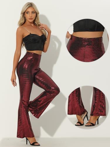 Allegra K Sequin Flare Pants for Women's Halloween High Waist Club Party Sparkle Long Bell Bottoms2