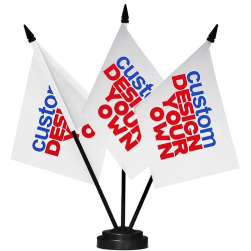 Anley Conjunto de Tres Banderas de Escritorio Personalizadas - Bandera de Escritorio Personalizada con mástil sólido de 12' y Base Negra - Banderas de Mesa Personalizadas - 5x8 Pulgadas de Doble Cara