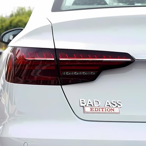 Image of Bad Ass Edition Car Emblem, 3D Metal Vehicle Badge Sticker, Self-Adhesive Cute Auto Decal Replacement Accessories for Tailgate Front Grille Hood Trunk, Universal for Most Cars (Silver /Red)