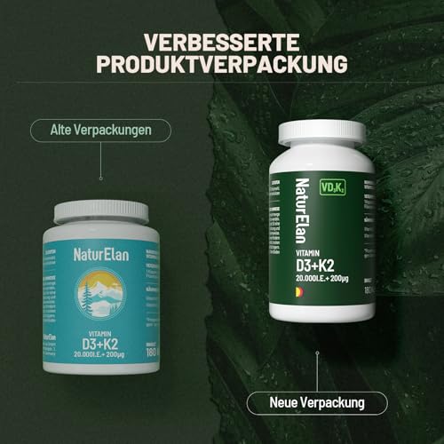 Vitamin d3 k2 hochdosiert 20000I.E. + Vitamin K2 MK7 200 mcg pro Dosis, 180 Vegetarisch Depot im Jahresvorrat, Ohne Zusätze, In Deutschland Produziert