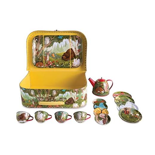 HearthSong 15-Piece Woodland-Themed Decorative Tin Tea Set with Carrying Case for Kids