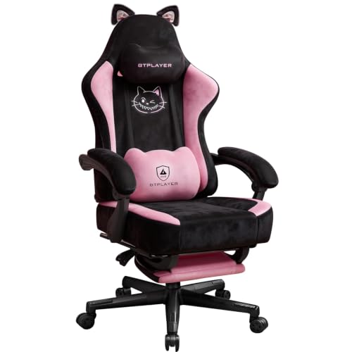GTPOFFICE Cute Gaming Chair with Cat Ears Ergonomic Computer Chair with Footrest Cat Paw Lumbar Support Comfortable Reclining Game Chair Desk Chair for Adult Teens Soft Fabric Pink Black