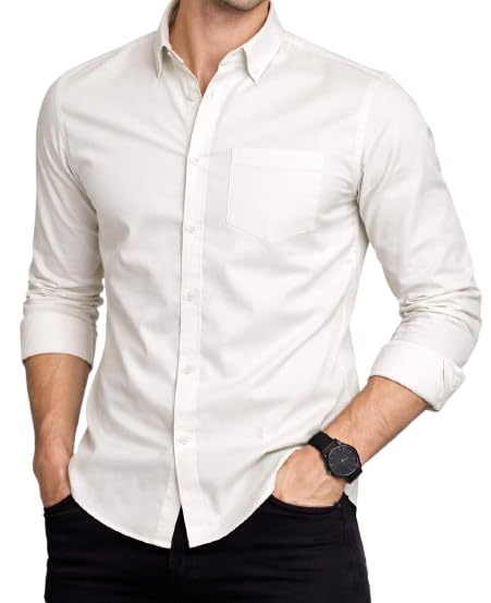 Image of Men's Slim Fit Long Sleeve Button-Down Shirt, Casual Formal Style with Chest Pocket
