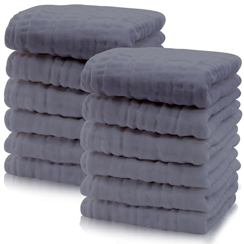 Image of Cute Castle 12 Pack Muslin Baby Washcloths - Large 12'' by 12'' - Ultra Soft 100% Cotton - Super Absorbent Burp Cloths for Unisex, Boy, Girl -Grey