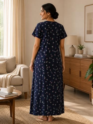Image of 9shines Label Stylish Bamboo Cotton Nighty Maxi for Women | Full Length Trendy Nightgown | Premium Nightdress | Nightwear | Embroidery Nighty with Pocket (9666)