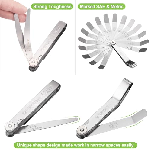 Spurtar Fühlerlehre Satz, 32 Konische Klingen und 16 Versetzte Klingen Fühlerlehre Satz Edelstahl Metrisch/Imperial für Zündkerze, Ventil, Kolben, Gitarre