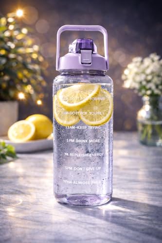 Image of Motivational Water Bottle 2 Litre with Time Marker | Leak Proof BPA Free Gym Bottle | Sports Drinking Bottle with Straw & Handle for Office, Gym, School (purple)