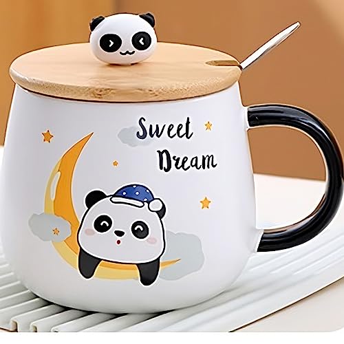 Image of BonZeal Ceramic Panda Mug Set with Lid & Spoon - 400 ml Teacup - Birthday Gift for Girls & Boys - Panda Lovers