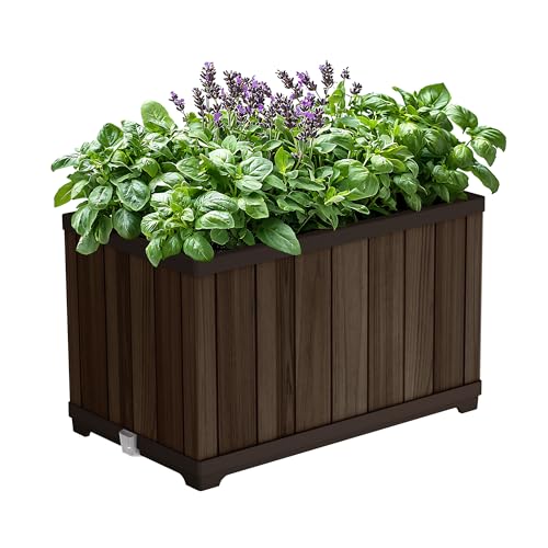 Image of Keter Signature 21.7 Inch Tall Rectangular Large Wood Look Planter for Indoor or Outdoor Flower Pot Ideal for Patio Deck and Front Porch Decor, Rosewood