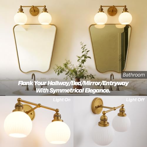 Image of 2-Lights Bathroom Light Fixtures, Vintage Milk White Glass | hardwired gold wall mounted lamp for bathroom mirror to elevate decor & refresh older home's look,DIY-friendly,UL,E26