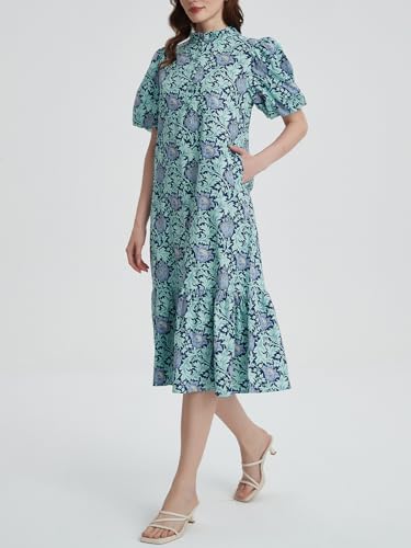 Image of Summer Floral Midi Dress for Women Spring Puff Short Sleeve Button Down Flowy Boho Dresses