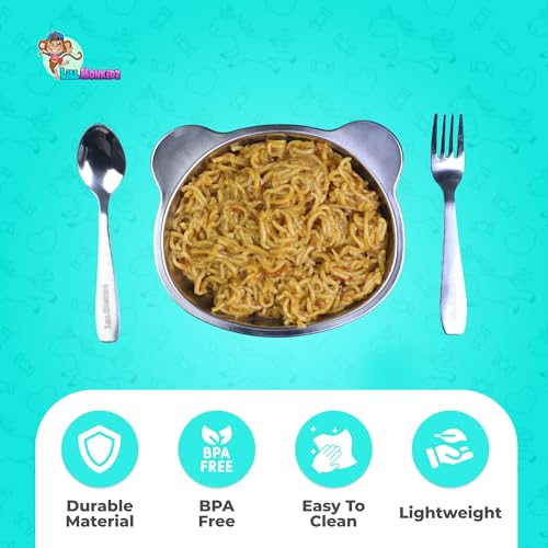 Image of LiLLMONKiDZ Stainless Steel Monkey Print Bowl with Spoon & Spork for Kids, 500ml Capacity Soup & Maggie Bowl Set, Adorable Printed Snack Bowl Set