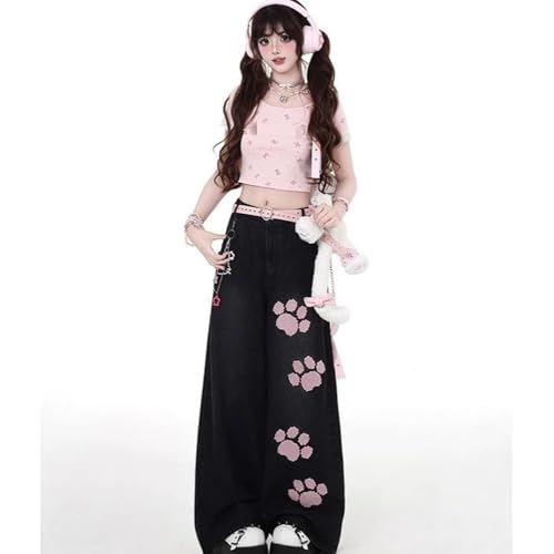 Women's Fresh Casual Pants, Sweet and Cool Girl Style, Pink cat paw Embroidery, Loose Wide Leg, Black Jeans4