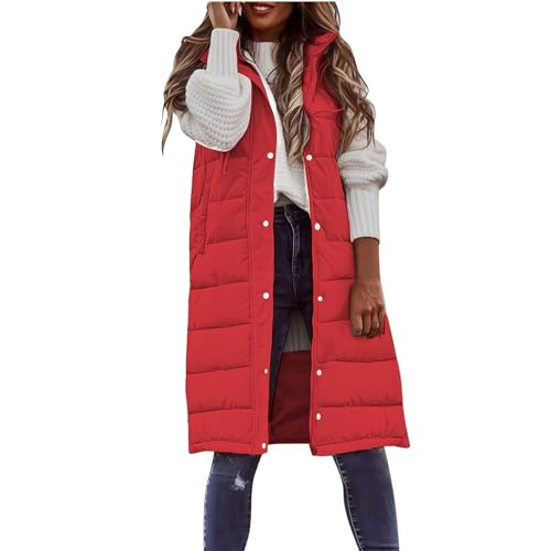 Womens Long Puffer Vest Quilted Hooded Sleeveless Zip Up Vests Fall Winter Warm Outerwear Padded Coat with Pockets
