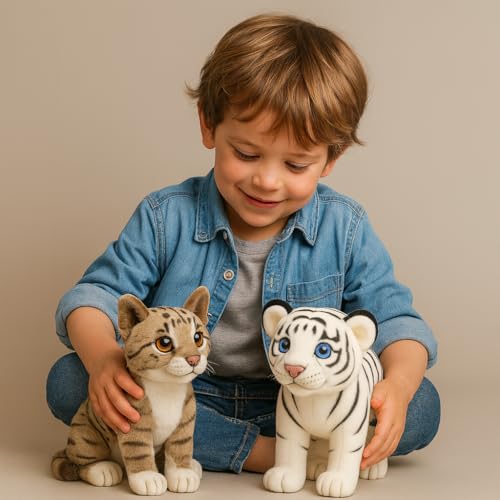 Image of Tiger & Tabby Cat Plush Toys Combo ? 25cm White Tiger & 30cm Tabby Cat | Soft Stuffed Jungle & Pet Animal Toys for Kids | Realistic Cuddly Plush Dolls | Gift for Boys & Girls