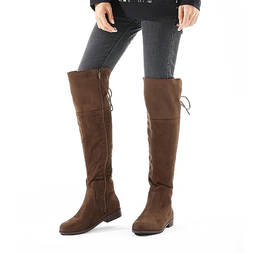 Putu Women's Low Flat Heel Thigh High Boots Faux Suede Boots Over the Knee Sexy Boots with Back Lace up4