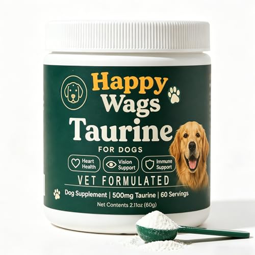 Happy Wags Taurine Powder Supplement for Dogs Supports Heart Health Vision Skin & Coat Boosts Energy & Daily Wellness Easy to Mix in Food 500mg 99.9% Pure Taurine Powder