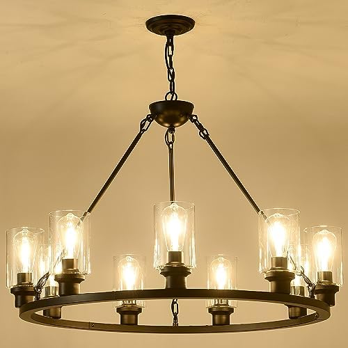 Black Wagon Wheel Chandelier 32 Inch Modern Farmhouse Glass Penda...