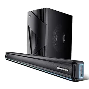 boAt Aavante Bar A3070 Dolby 2.1 Channel Soundbar w/Dolby Audio, Wired Subwoofer, 300W Output, BT v5.4, Dynamic LEDs, AUX Port, USB Port, Optical Port,HDMI Port,EQ Modes(Premium Black)