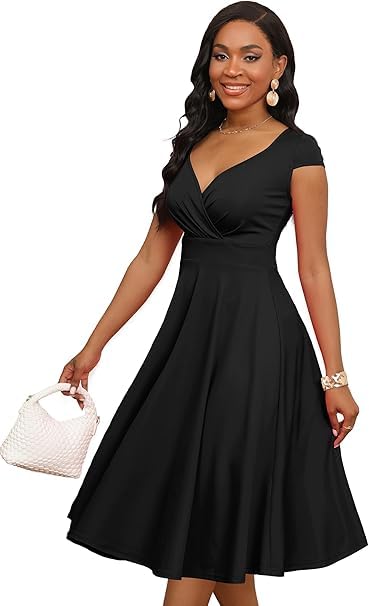 Women's Vintage V-Neck Pleated A-Line Swing Dress Elegant Cap Sleeve Cocktail Party & Formal Midi Dress-image-12