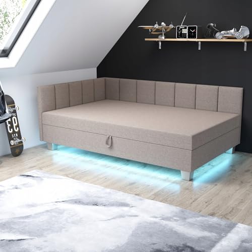 TAPCZANY24 - Boxspringbett Marcela+, Bett mit Matratze 100 cm Breite, Polsterbett mit Bettkasten, Taschenfederkernmatratze, Einzel Bed mit LED-Beleuchtung, Komfortabel Bette - Lux-Keksbeige