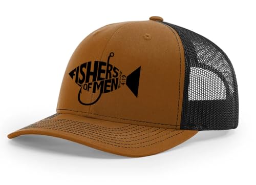 Christian Jesus Fishers of Men Matthew 4:19 Mens Embroidered Mesh Back Trucker Hat Caramel/Black