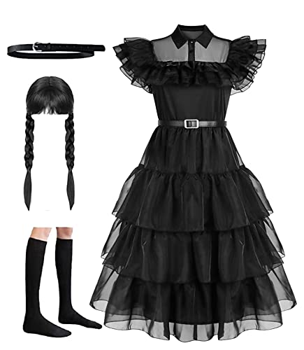JMOCD Wednesday Addams Kleid Mädchen mit Wig Belt Socken,Addams Family...