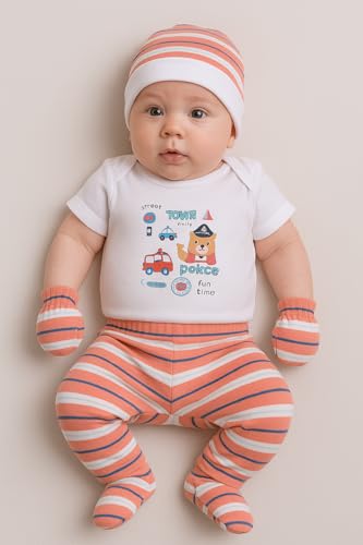 Image of EIO Newborn Baby Cotton Romper Set - Onesie Bodysuit, Cap, Pants & Booties with Mittens | Unisex Baby Clothing Combo for Boys & Girls
