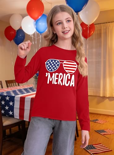 Image of Ithalt 4th of July Outfit Kids Girls American T Shirt USA T-Shirt Fourth of July Tops Patriotic Long Sleeve Tops
