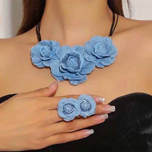 Flower Choker Necklace Denim Earrings Set Handmade Boho Chic Blue Floral Statement Jewelry Accessories Summer Beach Party Prom Gifts for Women3