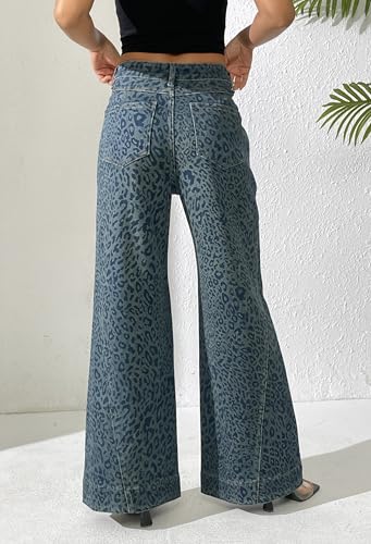 heipeiwa Women's Leopard Rhinestone Flare Jeans High Waist Bell Bottom Wide Leg Baggy Stretch Denim Pants3