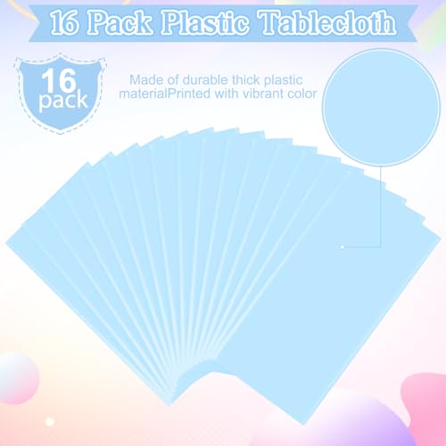 Image of 16 Pack Light Blue Plastic Tablecloth for Rectangle Tables, Premium Decorative Baby Blue Disposable Table Cloths for Parties, Rectangle Party Table Cover for Birthday Wedding Baby Shower, 54x108 Inch