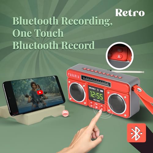 Image of PAGARIA New Retro Portable FM Radio with 10 Watts Sound, Bluetooth Recording, Alarm Clock, USB /TF Card, Detachable External Antenna, Earphone & Aux Port (Red)