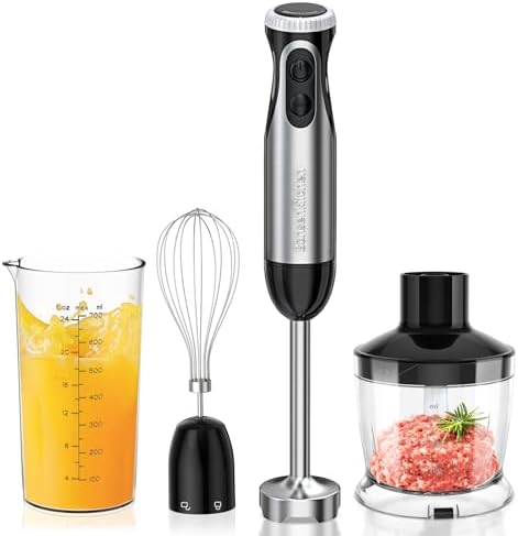 Bonsenkitchen 4-in-1 Stabmixer 1000W, Edelstahl, Stufenlose Geschwindigkeit | TURBO-Taste, Elektrischer Pürierstab, Inkl. Schneebesen, 500ml Lebensmittelhacker, 700ml Messbecher, I
