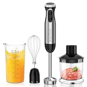 Bonsenkitchen Stabmixer 4-in-1, 1000W Elektrischer Pürierstab mit stufenloser Geschwindigkeitsregelung, Edelstahl-Mixfuß, Schneebesen, 500ml Lebensmittelhacker & 700ml Messbecher für Babynahrung