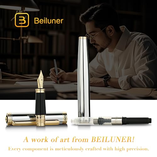 Image of BEILUNER Silver Chrome Fountain Pen,Stunning Luxury with 24K Gold Accents, Gorgeous 24K Gilded Nib(Medium), Fancy Pen Gift for Men&Women -Ink Converter-Elegant, Office,Nice Pen for Writing