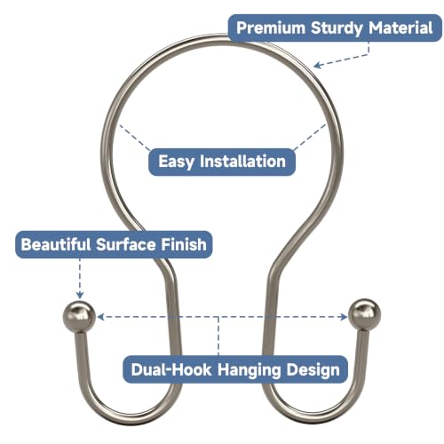 Image of Titanker Shower Curtain Hooks Rings, Rust Resistant Metal Minimalist Simple Double Glide Shower Hooks for Bathroom Shower Rods Curtains, Set of 12 Hooks - Nickel