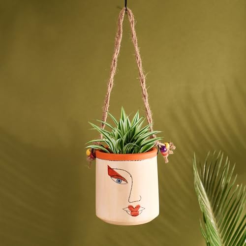 Image of AAKRITI ART CREATIONS Terracotta Hanging Planter | Handcrafted Artistic Face Design with Rope, Modern Art, White Matte Finish | Decorative Hanging Pot for Indoor & Outdoor Home Decor