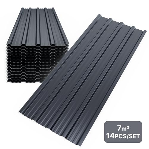 Mondeer 14er-Set Metall Trapezblech, Wellblechplatten für Dach, Dachbleche Trapezblech, Verzinkter Stahl für den Bau von Garagen, Gewächshä usern, Zwingern, 7m², 110 * 46cm, Dunkelgrau